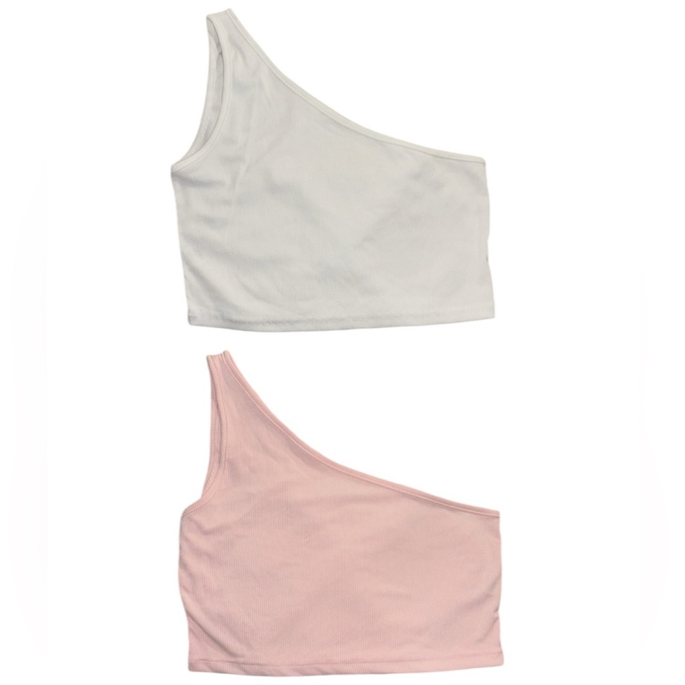 2 One Shoulder Crop Top Ribbed Sleeveless Summer Tank Top Pink & White XL NWOT
